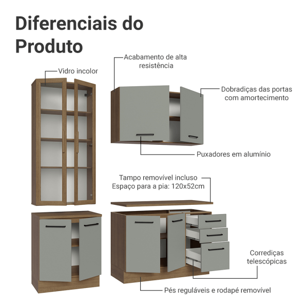 Encontraproduto.com.br - Armário de Cozinha Completa 190cm com Cristaleira Rustic/Cinza Agata Madesa 01
