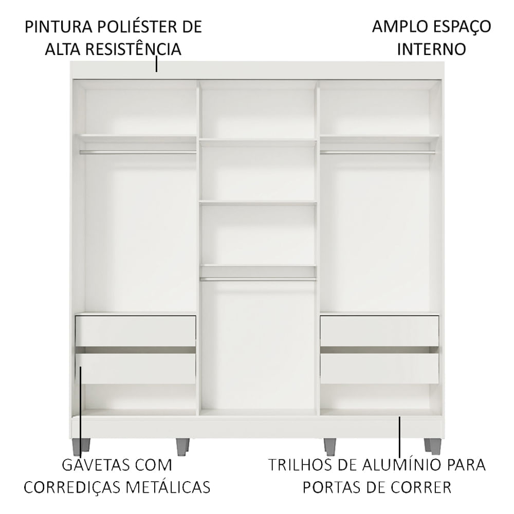 Encontraproduto.com.br - Guarda-Roupa Casal Madesa Napoli 3 Portas de Correr 2 Portas com Espelho com Pés Branco