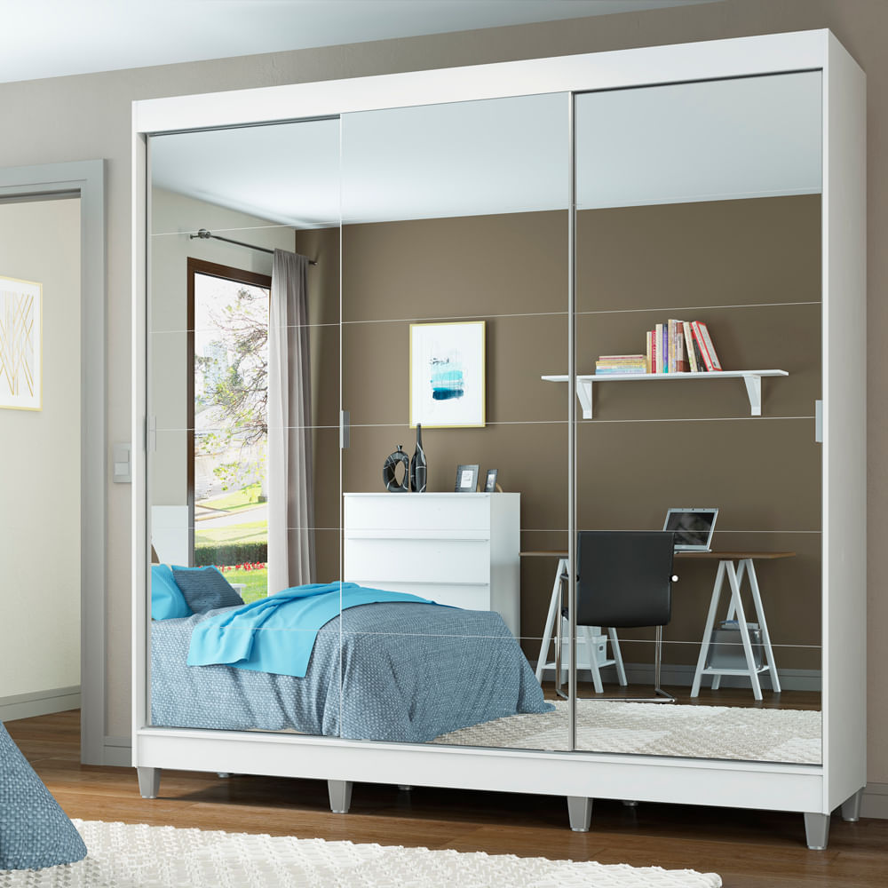 Encontraproduto.com.br - Guarda-Roupa Casal Madesa Veneza 3 Portas de Correr com Espelho com Pés Branco