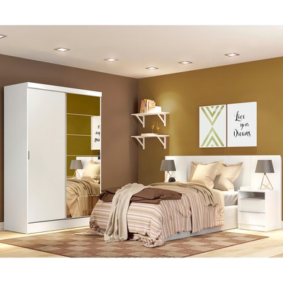 Encontraproduto.com.br - Quarto Completo com Guarda Roupa Luke 2 Portas com Espelho e Cabeceira com 2 Mesas de Cabeceira Madesa Branco