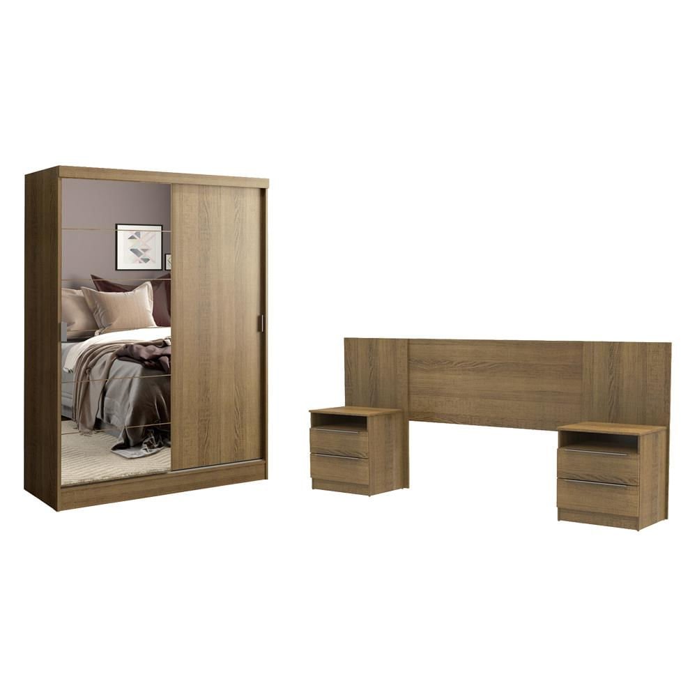 Encontraproduto.com.br - Quarto Completo com Guarda-Roupa Luke 2 Portas com Espelho e Cabeceira com 2 Mesas de Cabeceira Madesa Rustic