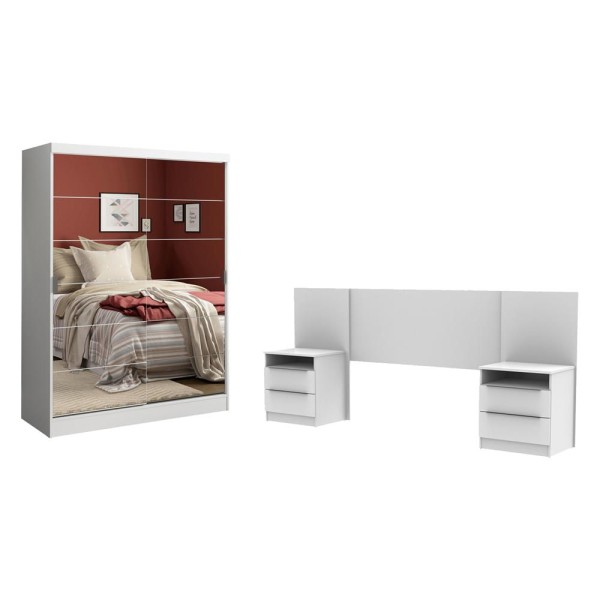 Encontraproduto.com.br - Quarto Completo com Guarda Roupa Luke 2 Portas de Espelho e Cabeceira com 2 Mesas de Cabeceira Madesa Branco