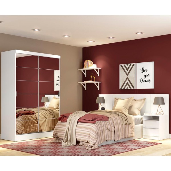 Encontraproduto.com.br - Quarto Completo com Guarda Roupa Luke 2 Portas de Espelho e Cabeceira com 2 Mesas de Cabeceira Madesa Branco