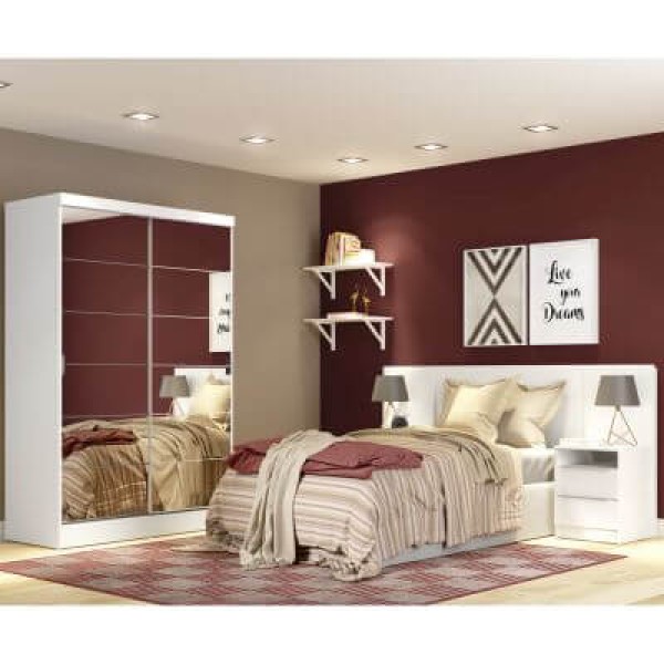 Encontraproduto.com.br - Quarto Completo com Guarda Roupa Luke 2 Portas de Espelho e Cabeceira com 2 Mesas de Cabeceira Madesa Branco