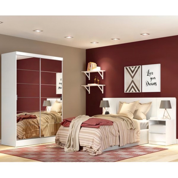 Encontraproduto.com.br - Quarto Completo com Guarda Roupa Luke 2 Portas de Espelho e Cabeceira com 2 Mesas de Cabeceira Madesa Branco