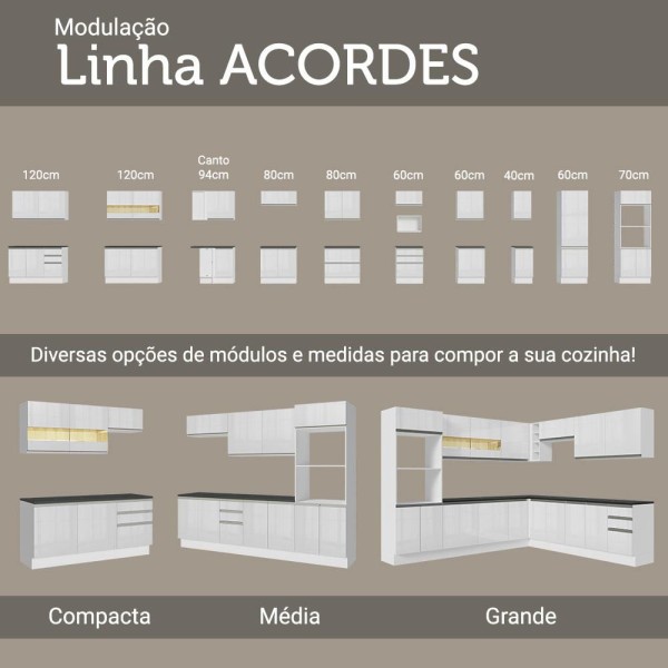 Encontraproduto.com.br - Cozinha Completa Madesa 100% MDF Acordes com Armário, Torre e Balcão (Sem Tampo e Pia) Portas Branco Brilho