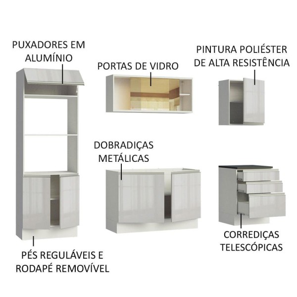 Encontraproduto.com.br - Cozinha Completa Madesa 100% MDF Acordes com Armário, Torre e Balcão (Sem Tampo e Pia) Portas Branco Brilho
