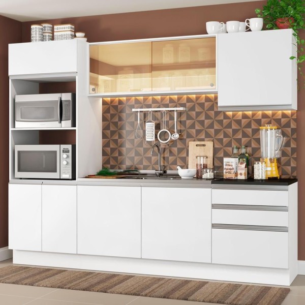 Encontraproduto.com.br - Cozinha Completa Madesa 100% MDF Acordes com Armário, Torre e Balcão (Sem Tampo e Pia) Portas Branco Brilho