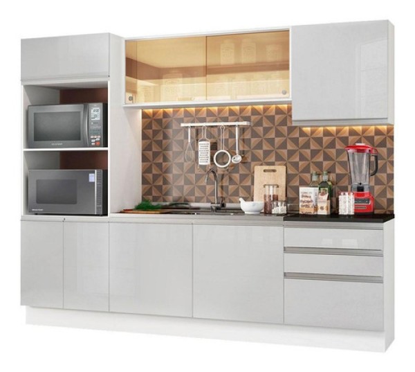 Cozinha Completa Madesa 100% MDF Acordes com Armário, Torre e Balcão (Sem Tampo e Pia) Portas Branco Brilho