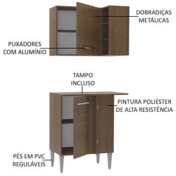 Encontraproduto.com.br - Kit de Canto Reto Madesa Emilly 2 Portas com Armário Aéreo, Adega e Balcão Rustic