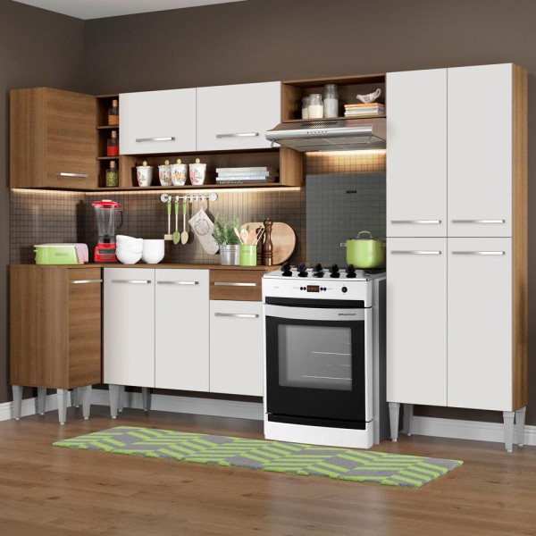 Encontraproduto.com.br - Cozinha Completa de Canto Reto Madesa Emilly Sun com Armário e Balcão 11 Portas 1 Gaveta Rustic/Branco