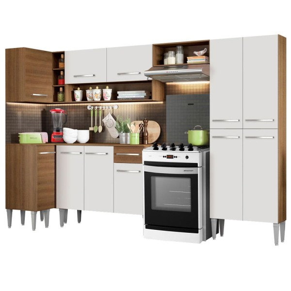 Encontraproduto.com.br - Cozinha Completa de Canto Reto Madesa Emilly Sun com Armário e Balcão 11 Portas 1 Gaveta Rustic/Branco
