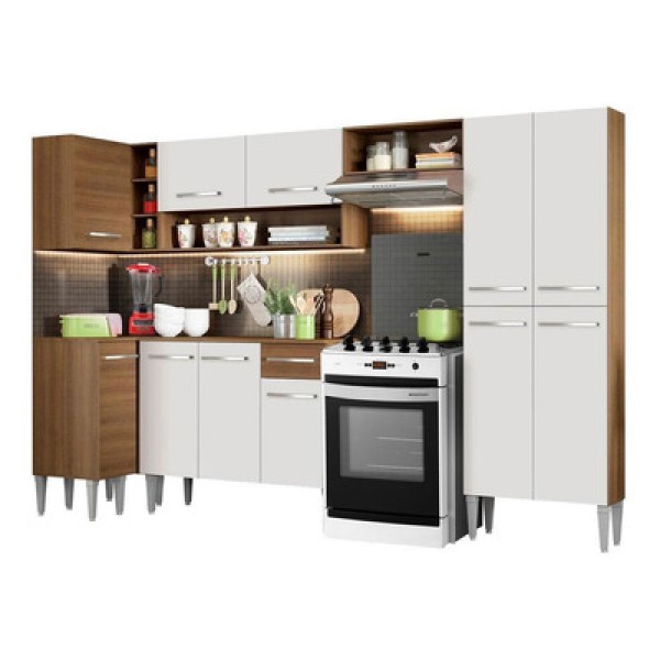 Encontraproduto.com.br - Cozinha Completa de Canto Reto Madesa Emilly Sun com Armário e Balcão 11 Portas 1 Gaveta Rustic/Branco
