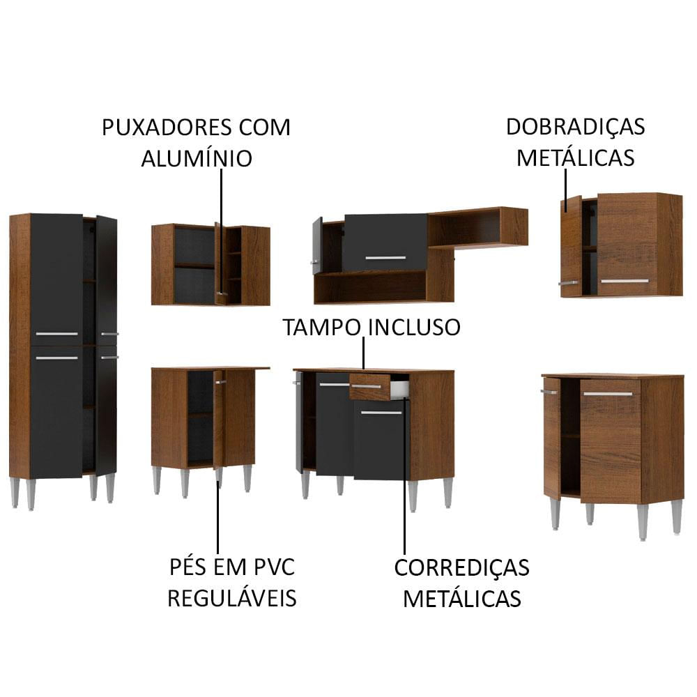 Armário de Cozinha Completa de Canto 481cm Rustic/Preto Emilly Moon Madesa 01