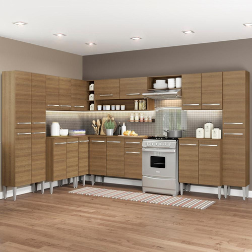 Cozinha Completa de Canto Reto Madesa Emilly Big com Armário e Balcão 21 Portas 1 Gaveta Rustic