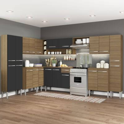 Encontraproduto.com.br - Cozinha Completa de Canto Reto Madesa Emilly Big com Armário e Balcão 21 Portas 1 Gaveta Rustic/Preto