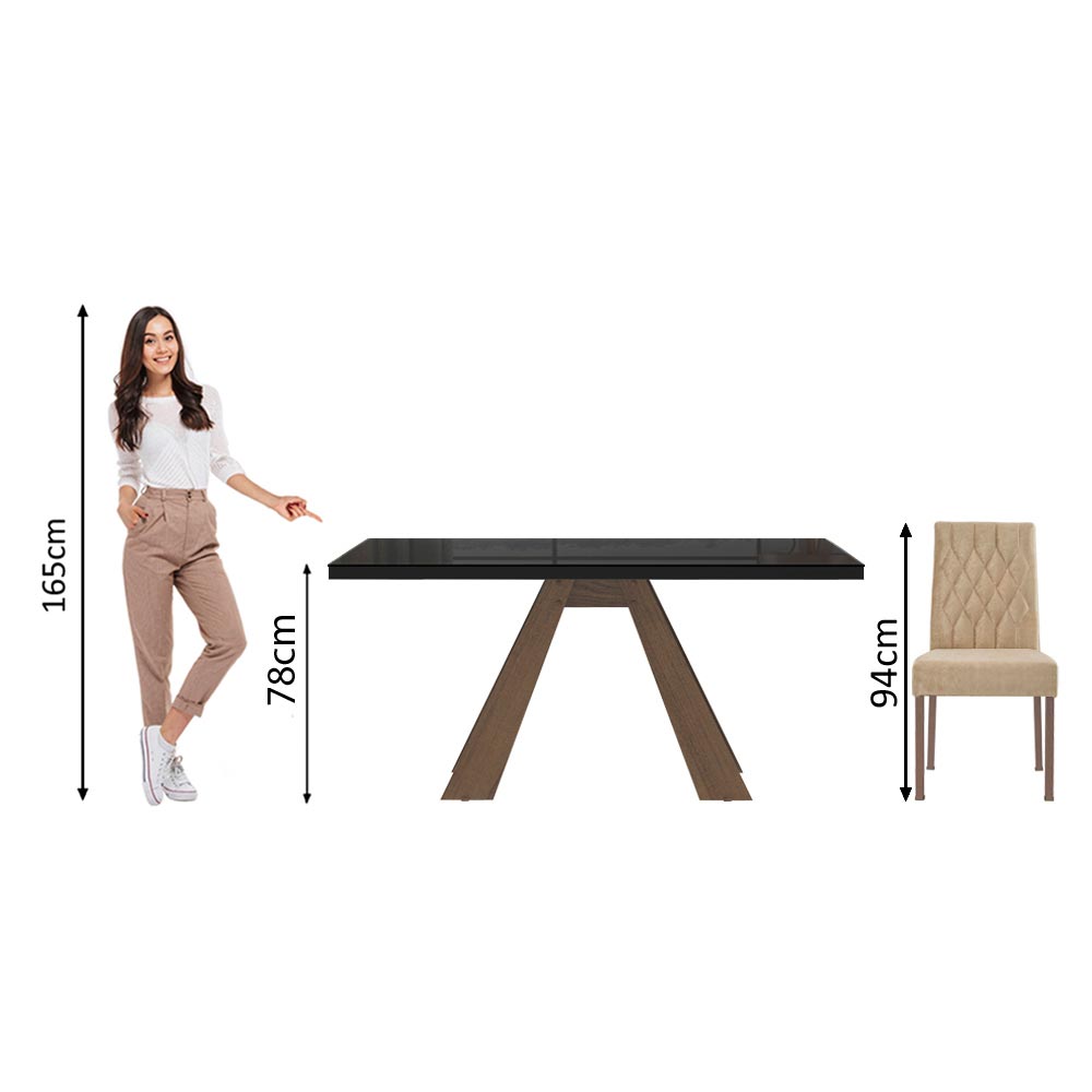 Conjunto Sala de Jantar Madesa Vanessa Mesa Tampo de Vidro com 6 Cadeiras Rustic/Preto/Imperial
