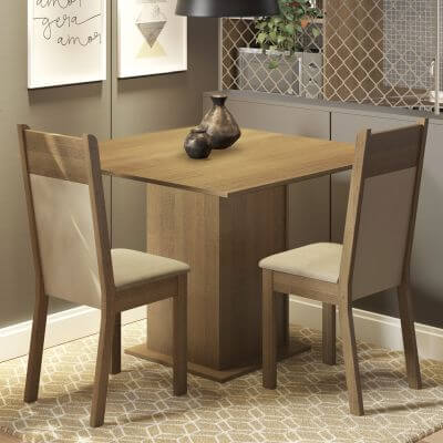 Conjunto Sala de Jantar Madesa Drica Mesa Tampo de Madeira com 2 Cadeiras Rustic/Crema/Pérola