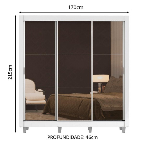 Encontraproduto.com.br - Guarda-Roupa Casal Madesa Lyon 3 Portas de Correr de Espelho 2 Gavetas com Pés Branco