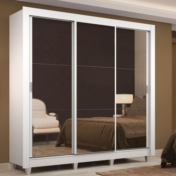Encontraproduto.com.br - Guarda-Roupa Casal Madesa Lyon 3 Portas de Correr de Espelho 2 Gavetas com Pés Branco