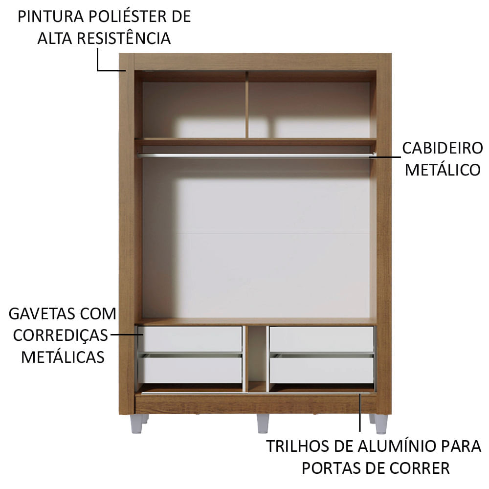Encontraproduto.com.br - Guarda-Roupa Solteiro Madesa Dallas Plus 2 Portas de Correr com Espelho 4 Gavetas com Pés Rustic