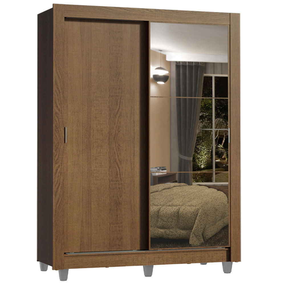 Encontraproduto.com.br - Guarda-Roupa Solteiro Madesa Dallas Plus 2 Portas de Correr com Espelho 4 Gavetas com Pés Rustic