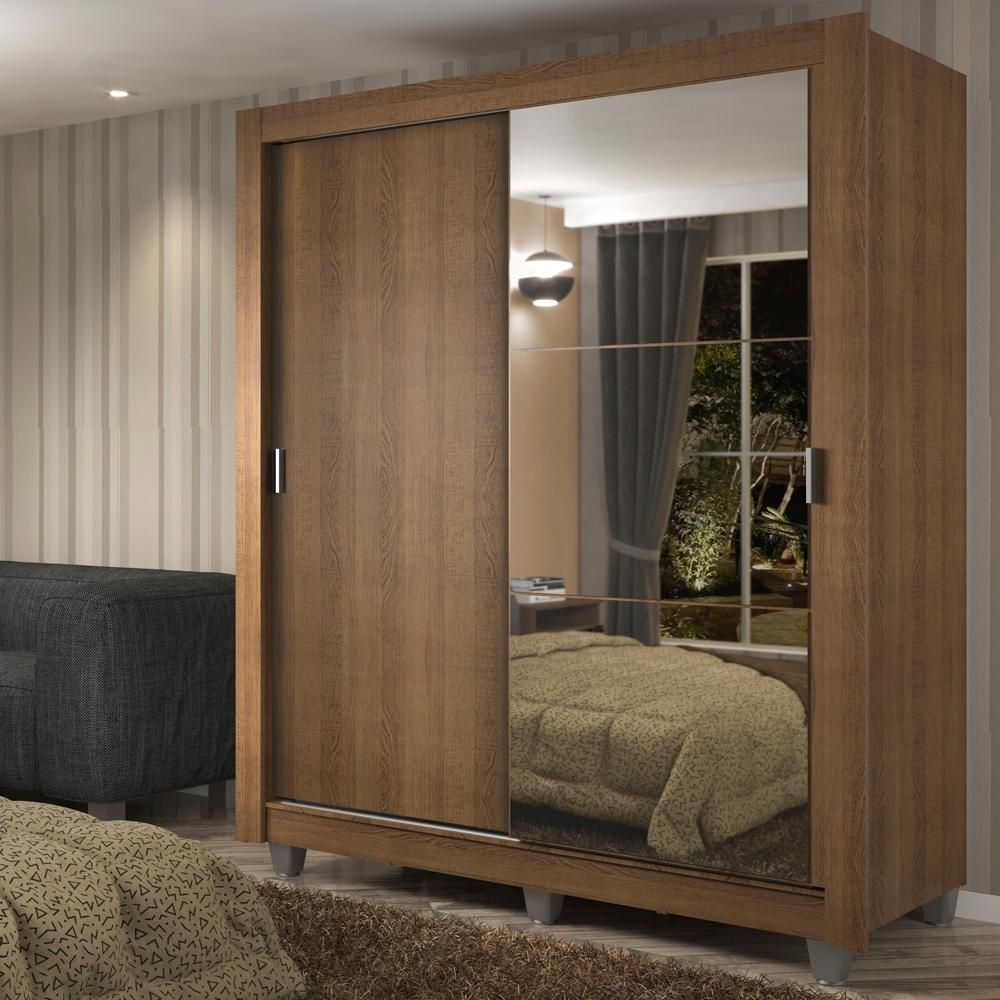 Encontraproduto.com.br - Guarda-Roupa Solteiro Madesa Dallas Plus 2 Portas de Correr com Espelho 4 Gavetas com Pés Rustic
