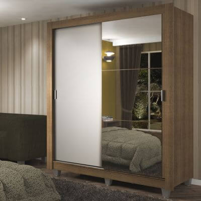 Encontraproduto.com.br - Guarda-Roupa Solteiro Madesa Dallas Plus 2 Portas de Correr com Espelho 4 Gavetas com Pés Rustic/Branco