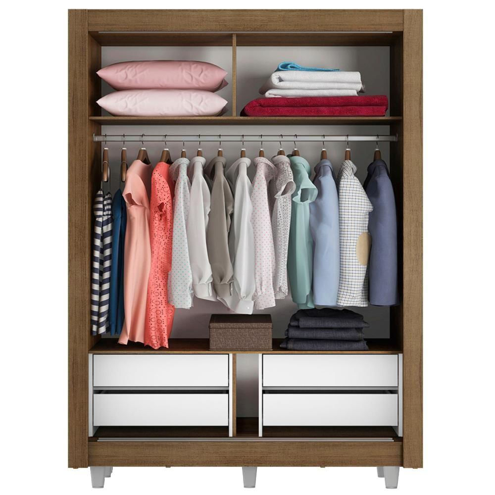 Encontraproduto.com.br - Guarda-Roupa Solteiro Madesa Dallas Plus 2 Portas de Correr com Espelho 4 Gavetas com Pés Rustic/Branco