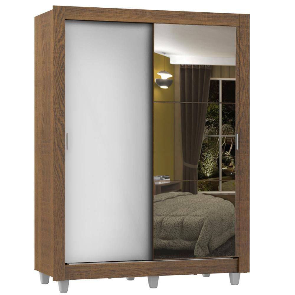 Encontraproduto.com.br - Guarda-Roupa Solteiro Madesa Dallas Plus 2 Portas de Correr com Espelho 4 Gavetas com Pés Rustic/Branco
