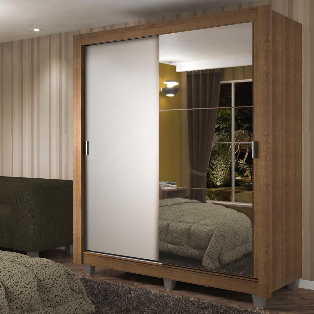 Encontraproduto.com.br - Guarda-Roupa Solteiro Madesa Dallas Plus 2 Portas de Correr com Espelho 4 Gavetas com Pés Rustic/Branco