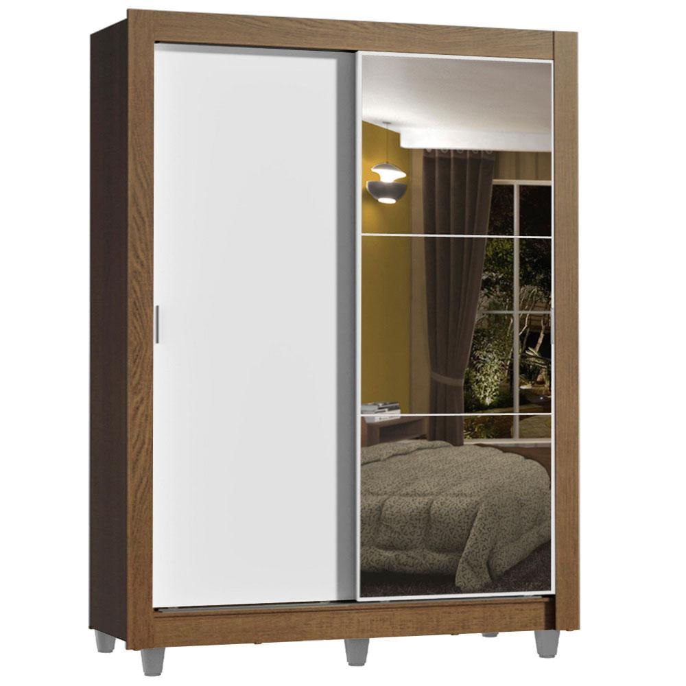Encontraproduto.com.br - Guarda-Roupa Solteiro Madesa Dallas Plus 2 Portas de Correr com Espelho 4 Gavetas com Pés Rustic/Branco