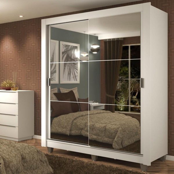 Encontraproduto.com.br - Guarda-Roupa Solteiro Madesa Dallas Plus 2 Portas de Correr de Espelho 4 Gavetas com Pés Branco