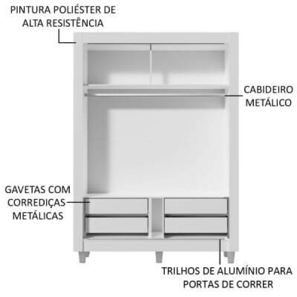 Encontraproduto.com.br - Guarda-Roupa Solteiro Madesa Dallas Plus 2 Portas de Correr 4 Gavetas com Pés Branco