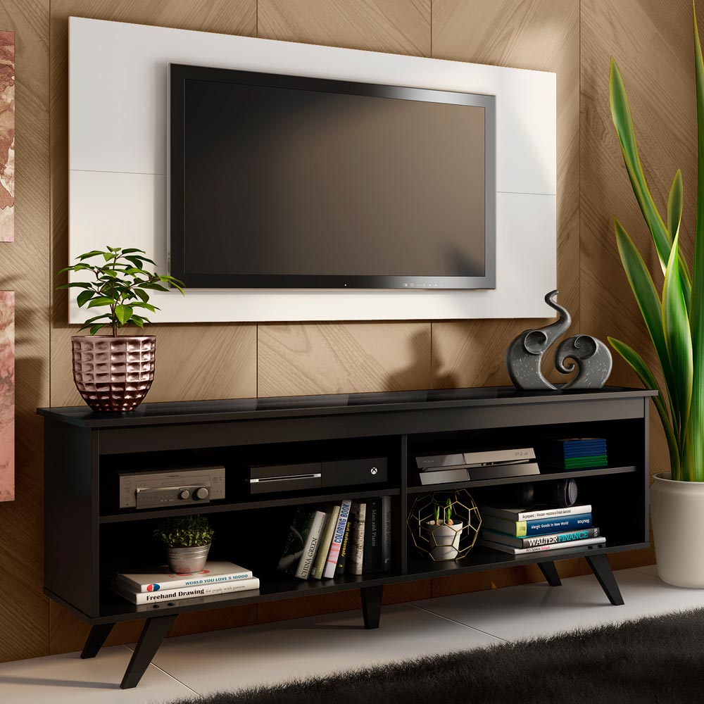 Rack Madesa Udine e Painel para TV até 55 Polegadas com Pés Preto/Branco