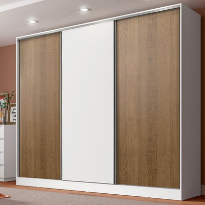 Guarda-Roupa Casal 100% MDF Madesa Royale 3 Portas de Correr Branco/Rustic/Branco
