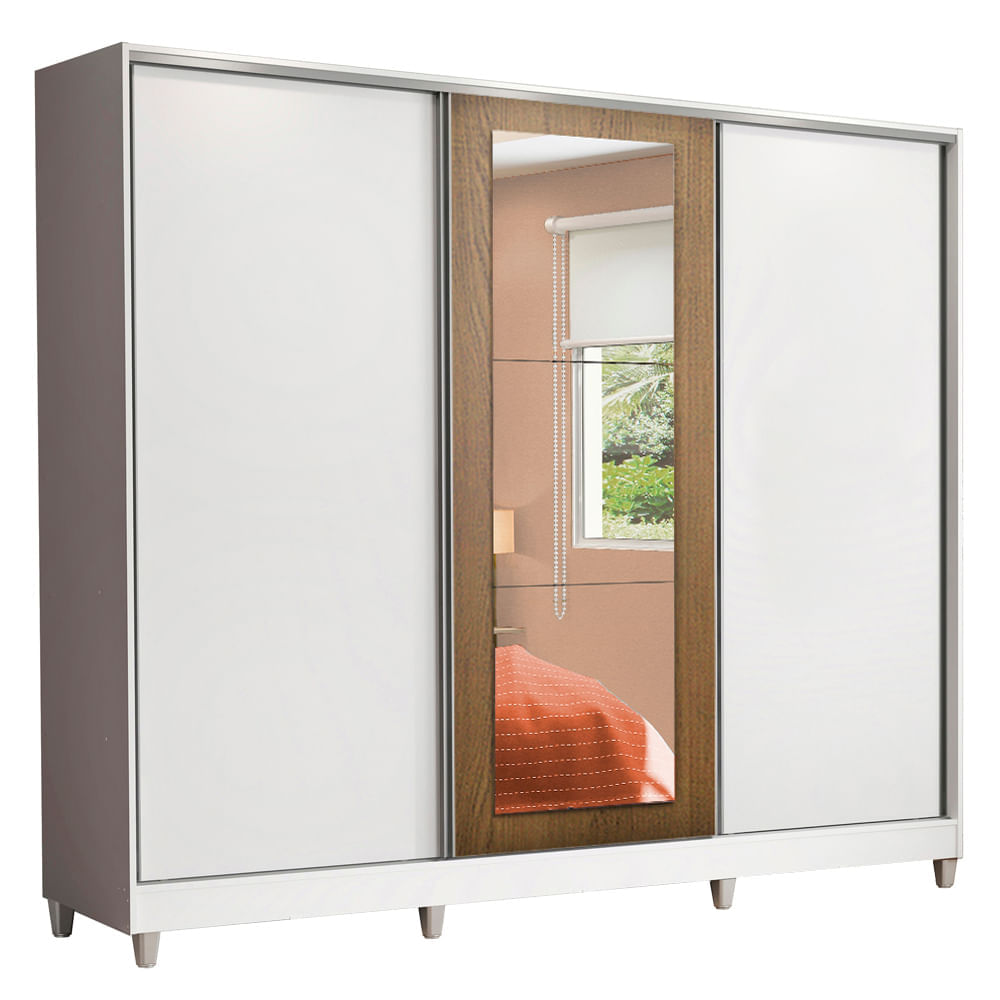 Encontraproduto.com.br - Guarda-Roupa Casal 100% MDF Madesa Eros 3 Portas de Correr com Espelho com Pés Branco/Branco/Rustic