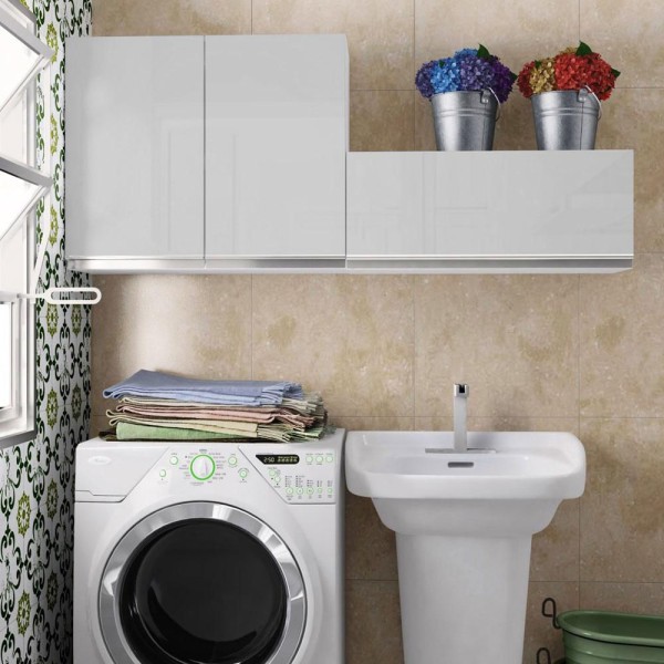 Encontraproduto.com.br - Kit Área De Serviço Madesa Acordes 100% MDF com 2 Armários Aéreos Portas Branco Brilho