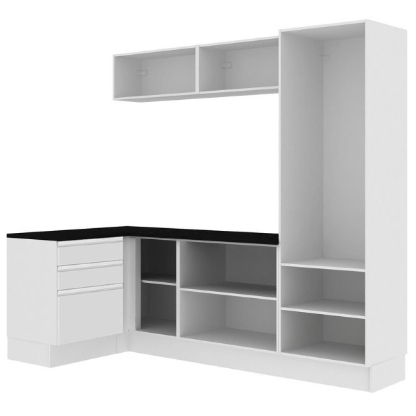 Encontraproduto.com.br - Kit Área De Serviço Madesa Acordes 100% MDF com Armário, Gaveteiro e Balcão de Canto Portas Branco Brilho