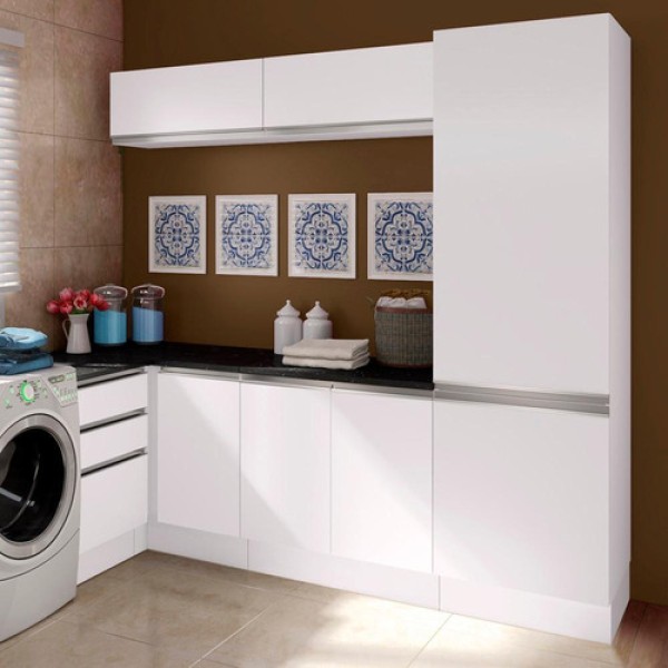 Encontraproduto.com.br - Kit Área De Serviço Madesa Acordes 100% MDF com Armário, Gaveteiro e Balcão de Canto Portas Branco Brilho