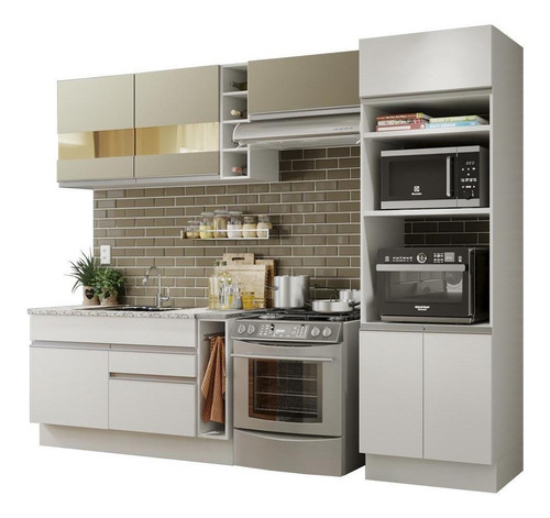 Cozinha Completa Madesa Cristal com Armário e Balcão (Sem Tampo e Pia) Branco/Branco/Crema