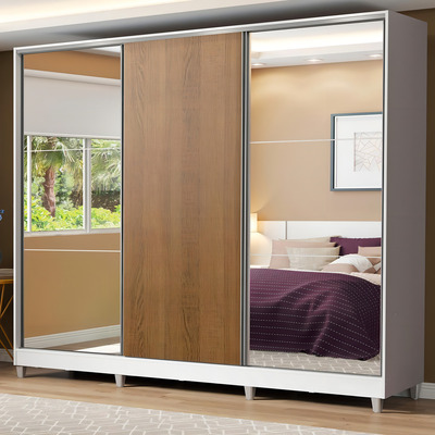 Guarda-Roupa Casal 100% MDF Madesa Royale 3 Portas de Correr com Espelhos com Pés Branco/Rustic
