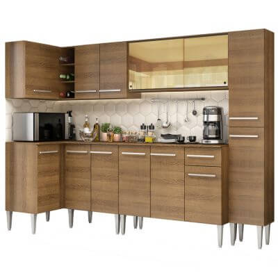 Encontraproduto.com.br - Cozinha Completa de Canto Madesa Emilly Wave com Armário Vidro Reflex, Balcão e Paneleiro Rustic