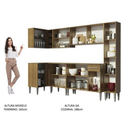 Encontraproduto.com.br - Cozinha Completa de Canto Madesa Emilly Wave com Armário Vidro Reflex, Balcão e Paneleiro Rustic