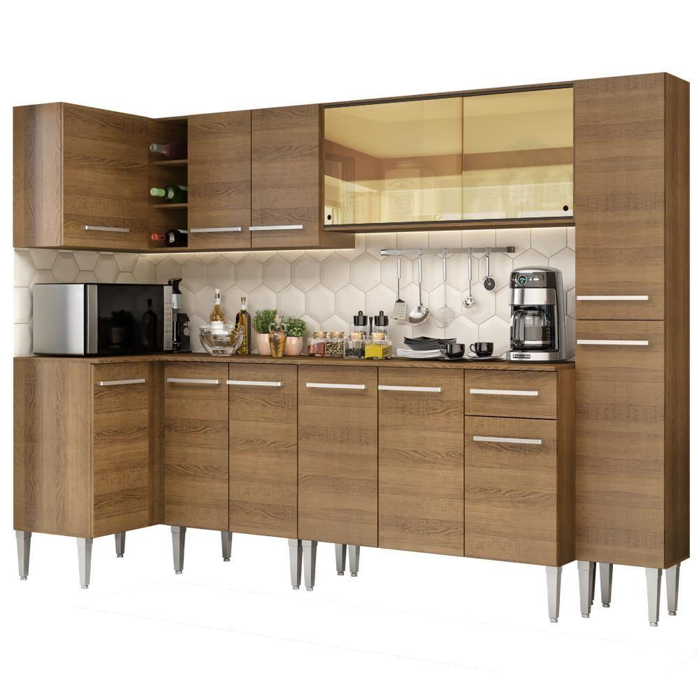 Encontraproduto.com.br - Cozinha Completa de Canto Madesa Emilly Wave com Armário Vidro Reflex, Balcão e Paneleiro Rustic