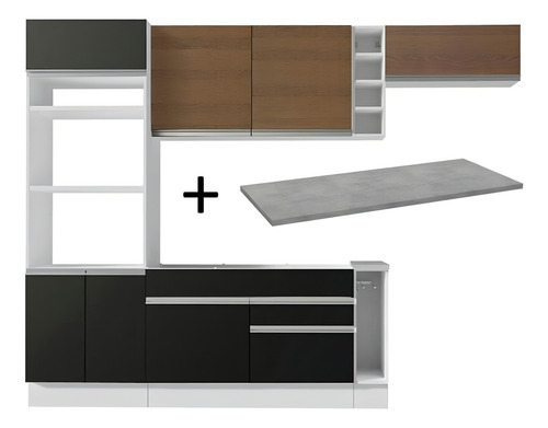 Cozinha Completa Madesa Safira com Armário e Balcão Branco/Preto/Rustic + Tampo