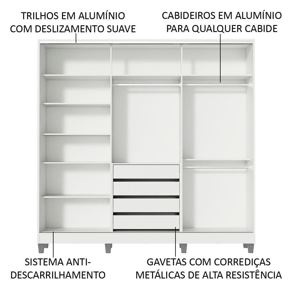 Encontraproduto.com.br - Guarda-Roupa Juvenil 100% MDF Madesa Kevin 3 Portas de Correr com Espelho com Pés Branco