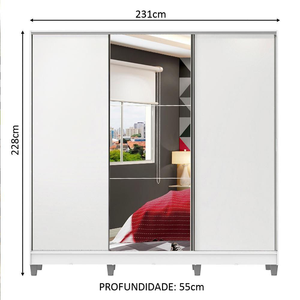 Encontraproduto.com.br - Guarda-Roupa Juvenil 100% MDF Madesa Kevin 3 Portas de Correr com Espelho com Pés Branco
