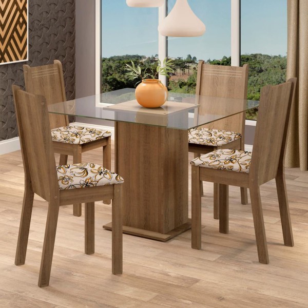 Encontraproduto.com.br - Conjunto Sala de Jantar Madesa Maya Mesa Tampo de Vidro com 4 Cadeiras Rustic/Lírio Bege