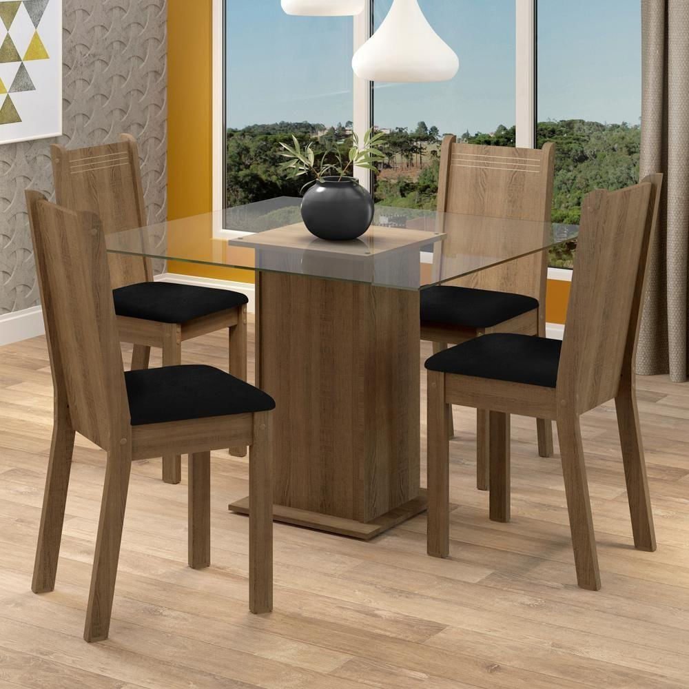 Encontraproduto.com.br - Conjunto Sala de Jantar Madesa Maya Mesa Tampo de Vidro com 4 Cadeiras Rustic/Sintético Preto